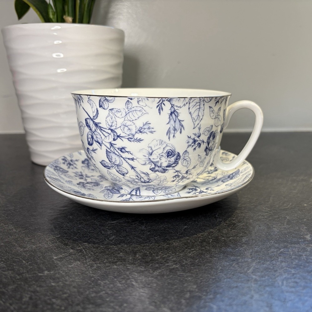 Grace Teaware Blue Rose Toile Fine Porcelain Oversized 16oz Tea Cup & Saucer EUC